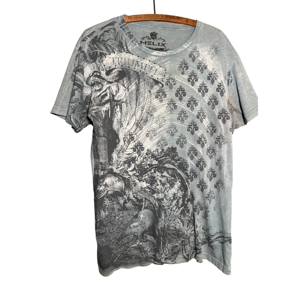 Helix Mens Triumph Graphic T-Shirt Blue Acid Wash Studded Y2K M Streetwear READ